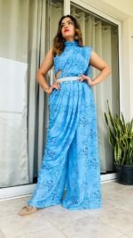 Designer Indowestern Palazzo Saree In Indigo Print - Image 3