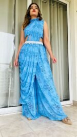 Designer Indowestern Palazzo Saree In Indigo Print - Image 2