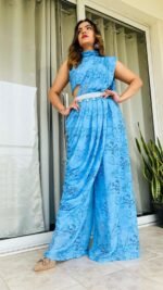 Designer Indowestern Palazzo Saree In Indigo Print
