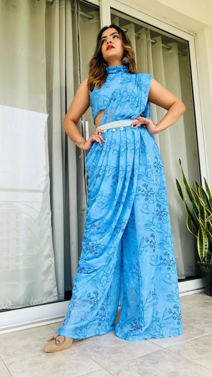 Designer Indowestern Palazzo Saree In Indigo Print - Image 1