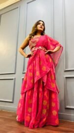 Designer Ready to wear Printed Ruffle Saree - Image 2