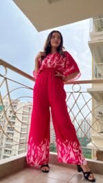 Designer Hot Pink Printed Jumpsuit in Muslin - Image 3