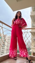 Designer Hot Pink Printed Jumpsuit in Muslin