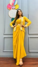 Sarong Style Designer Drape Skirt with Top & Jacket in Hot Pink - Image 6