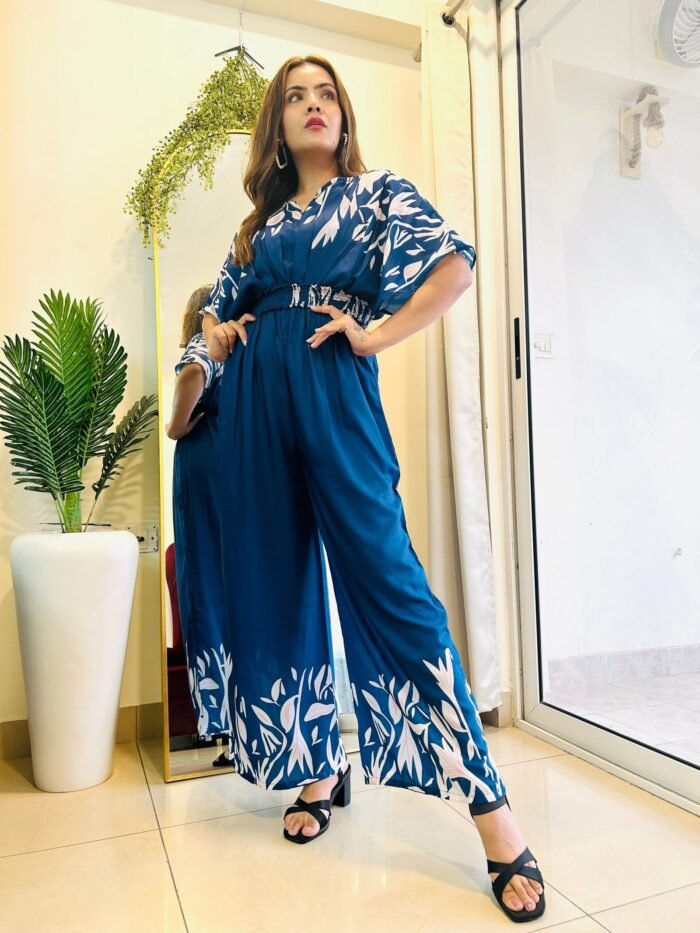 Designer Muslin  Printed Jumpsuit in Teal Blue perfect for Georgette - Image 1