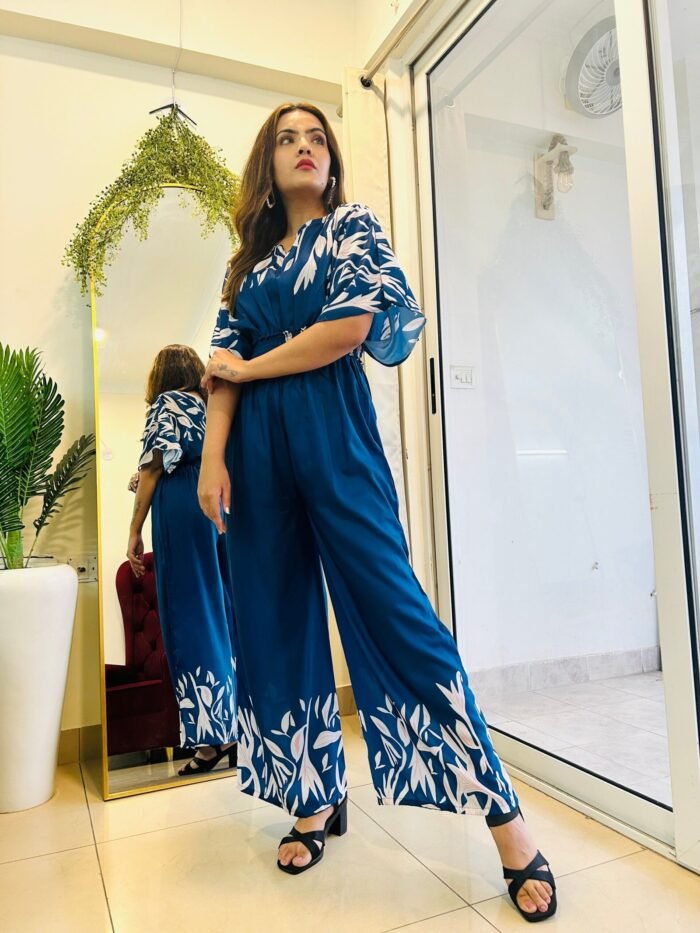 Designer Muslin  Printed Jumpsuit in Teal Blue perfect for Georgette - Image 3