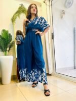 Designer Muslin Printed Jumpsuit in Teal Blue perfect for Georgette - Image 2