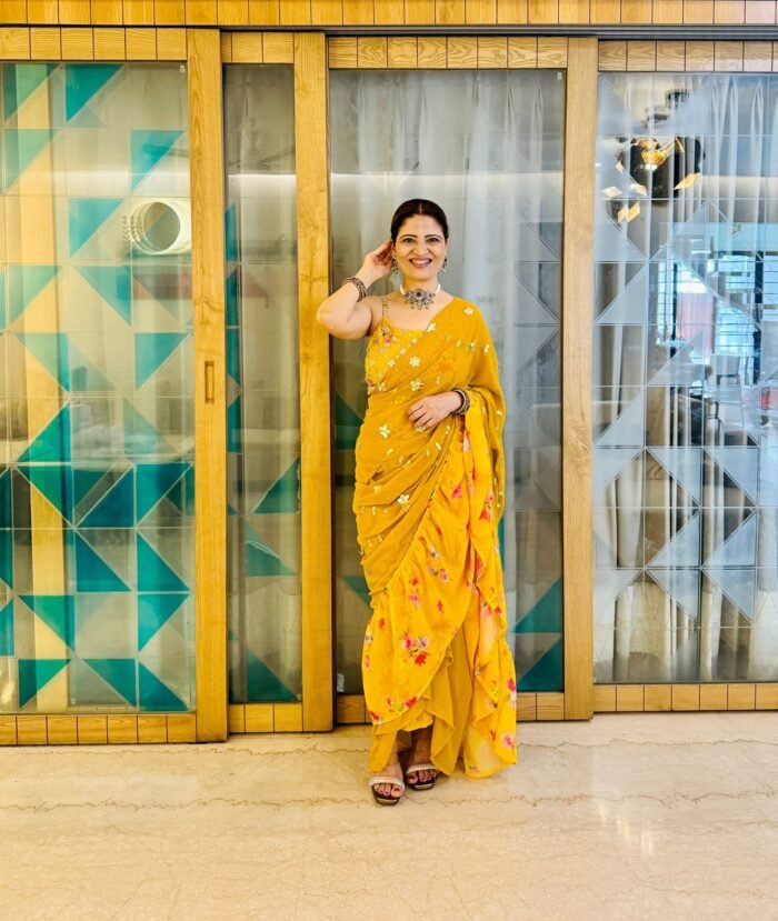 Heena Gehani On Our 3pc Draped Haldi Sarong Dress - Image 15