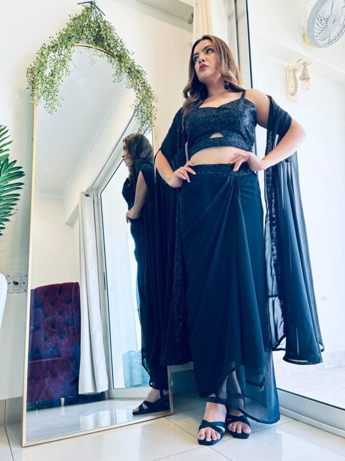 Designer Drape Dress Teamed up with lungi , Crop -top & jacket for Diwali - Image 1