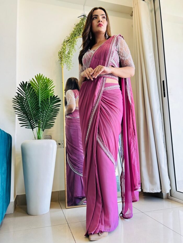 Designer Indowestern pre-draped saree with full handwork perfect for Karwachauth & Diwali - Image 7