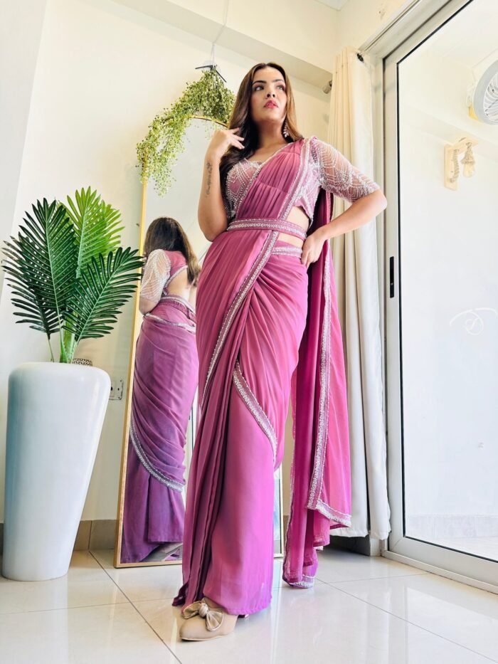 Designer Indowestern pre-draped saree with full handwork perfect for Karwachauth & Diwali - Image 4