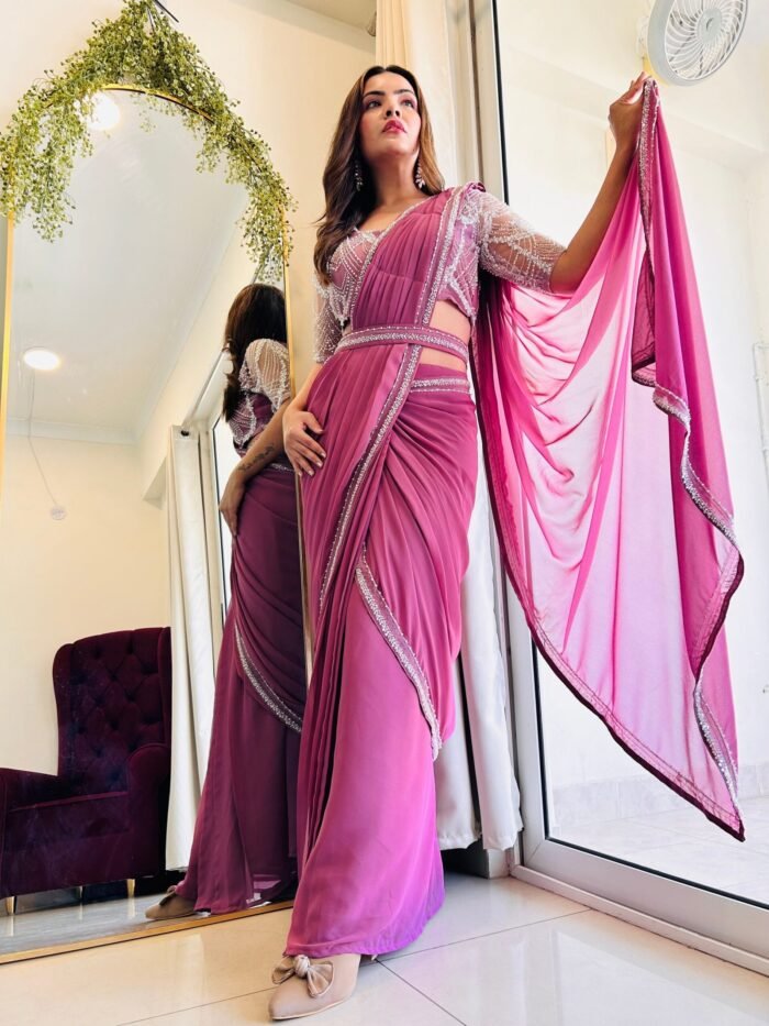 Designer Indowestern pre-draped saree with full handwork perfect for Karwachauth & Diwali - Image 1