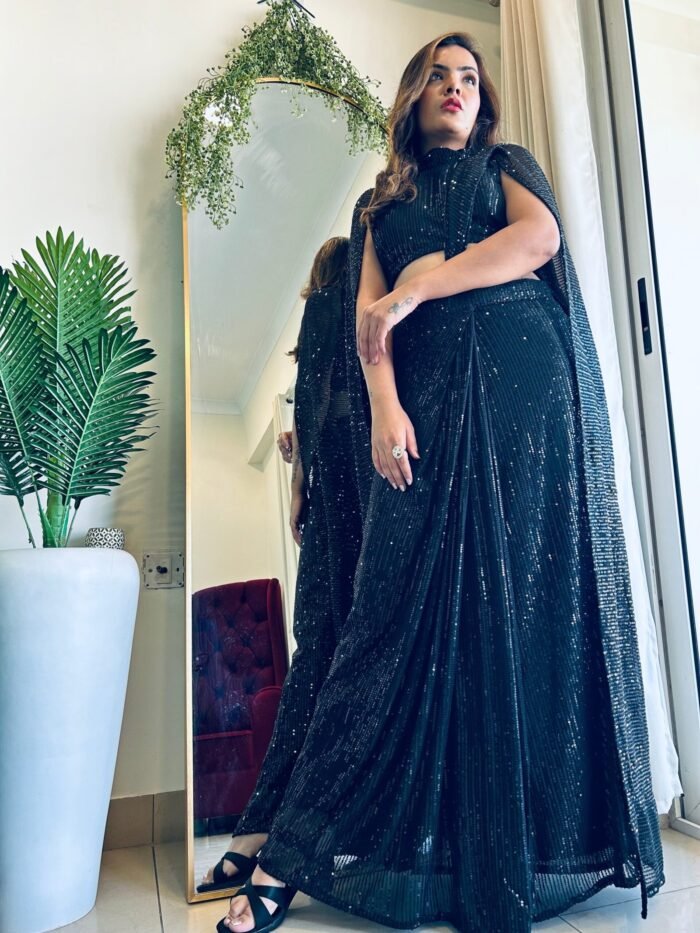 Designer Indowestern Pre-draped Saree with full sequence work best for wedding - Image 1