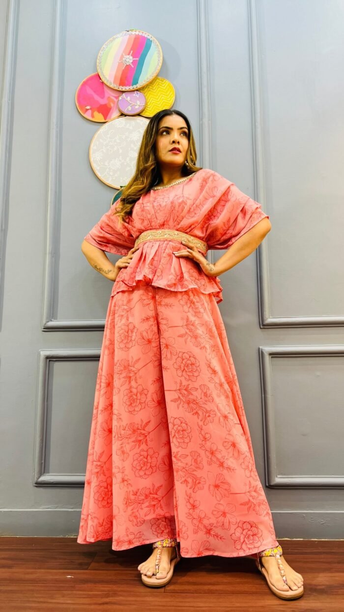 Designer peach Cord-set with Poncho perfect for cocktail ,birthdays & party - Image 4