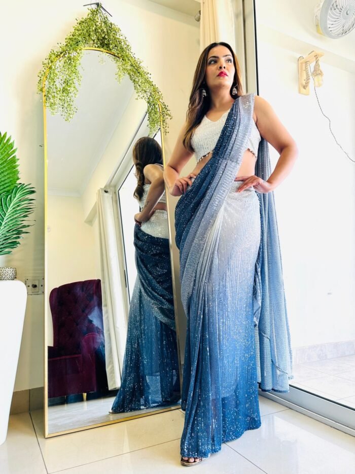 Mesmerising designer  Ombre sequence ready to wear saree in aqua blue colour perfect for farewell & parties - Image 7