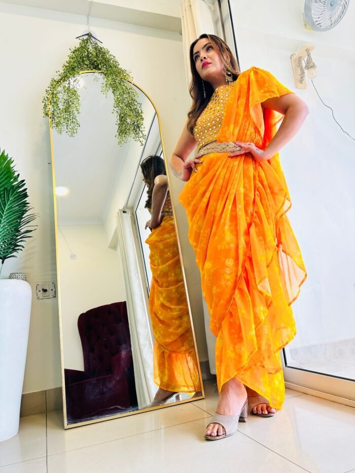 Ready to Wear floral Designer Yellow Saree for women perfect haldi dress for haldi function , wear as haldi outfit - Image 1