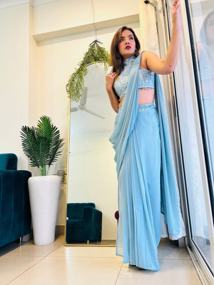 Indowestern & Designer ready to wear pre-draped  & pre-stitched slit saree skirt set with  sequence hand embroidered halter neck blouse perfect for parties/cocktail/sangeet /supper stylish & classy - Image 3