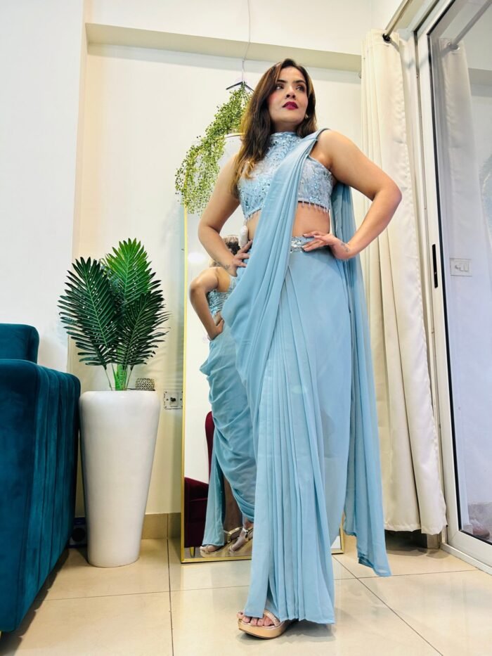 Indowestern & Designer ready to wear pre-draped  & pre-stitched slit saree skirt set with  sequence hand embroidered halter neck blouse perfect for parties/cocktail/sangeet /supper stylish & classy - Image 2