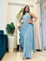 Indowestern & Designer ready to wear pre-draped & pre-stitched slit saree skirt set with sequence hand embroidered halter neck blouse perfect for parties/cocktail/sangeet /supper stylish & classy - Image 2