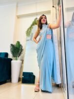 Indowestern & Designer ready to wear pre-draped  & pre-stitched slit saree skirt set with  sequence hand embroidered halter neck blouse perfect for parties/cocktail/sangeet /supper stylish & classy