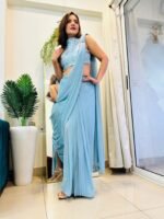Indowestern & Designer ready to wear pre-draped  & pre-stitched slit saree skirt set with  sequence hand embroidered halter neck blouse perfect for parties/cocktail/sangeet /supper stylish & classy - Image 4