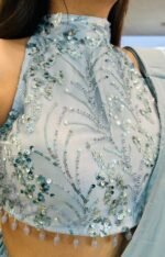 Indowestern & Designer ready to wear pre-draped  & pre-stitched slit saree skirt set with  sequence hand embroidered halter neck blouse perfect for parties/cocktail/sangeet /supper stylish & classy - Image 6