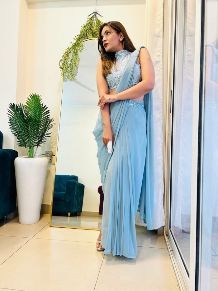 Indowestern & Designer ready to wear pre-draped  & pre-stitched slit saree skirt set with  sequence hand embroidered halter neck blouse perfect for parties/cocktail/sangeet /supper stylish & classy - Image 5