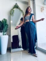 Designer Teal Blue Ready to wear  pre pleated  lycra saree with embroidered blouse - Image 7