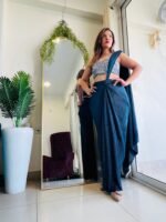 Designer Teal Blue Ready to wear  pre pleated  lycra saree with embroidered blouse - Image 6