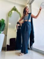 Designer Teal Blue Ready to wear  pre pleated  lycra saree with embroidered blouse - Image 3