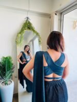 Designer Teal Blue Ready to wear  pre pleated  lycra saree with embroidered blouse - Image 4