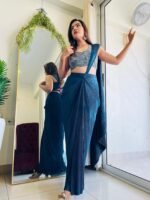 Designer Teal Blue Ready to wear  pre pleated  lycra saree with embroidered blouse - Image 2