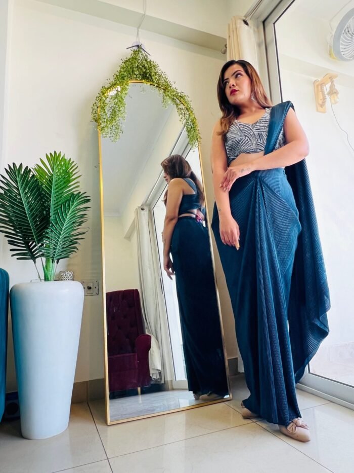 Designer Teal Blue Ready to wear  pre pleated  lycra saree with embroidered blouse - Image 1