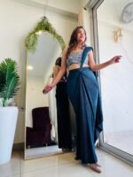 Designer Teal Blue Ready to wear  pre pleated  lycra saree with embroidered blouse - Image 5