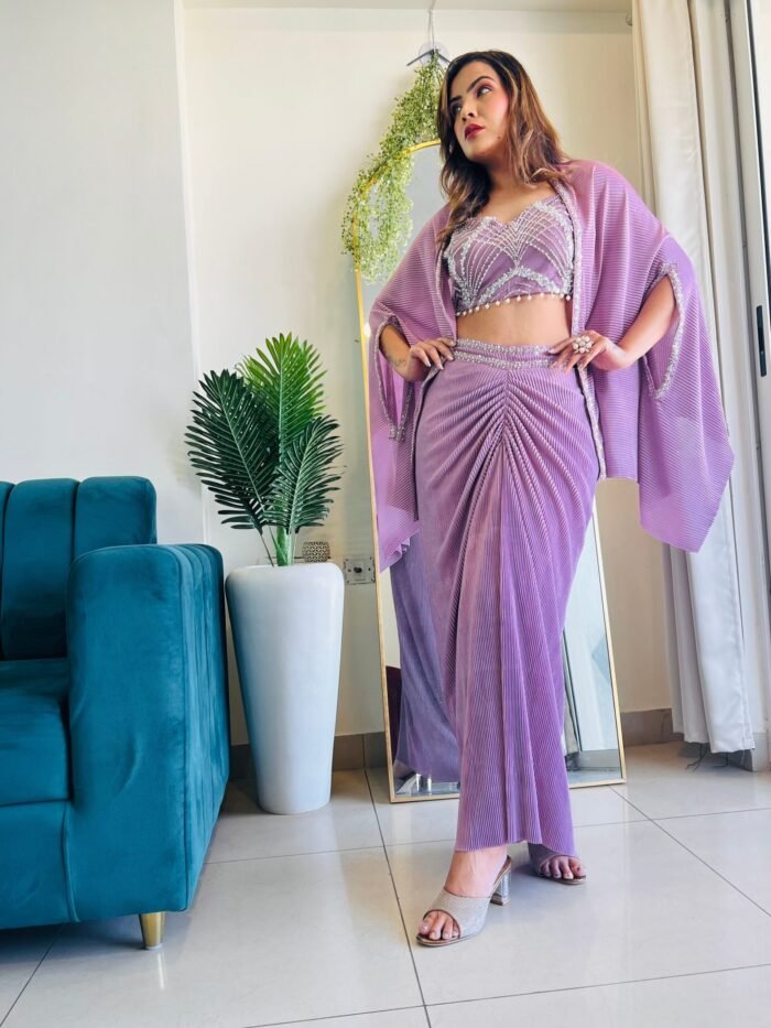 Designer Pre-pleated and  hand embroidered lycra skirt with cape jacket for women in mauve colour - Image 2