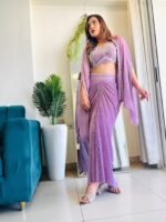 Designer Pre-pleated and hand embroidered lycra skirt with cape jacket for women in mauve colour