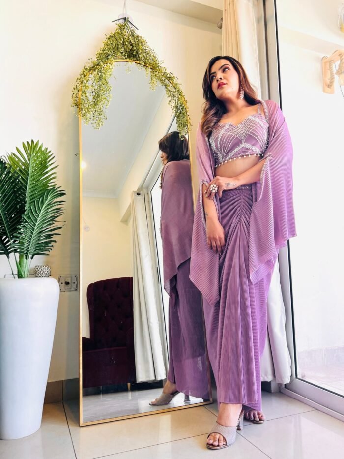 Designer Pre-pleated and  hand embroidered lycra skirt with cape jacket for women in mauve colour - Image 3
