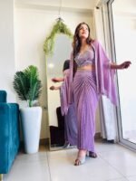 Designer Pre-pleated and hand embroidered lycra skirt with cape jacket for women in mauve colour - Image 4