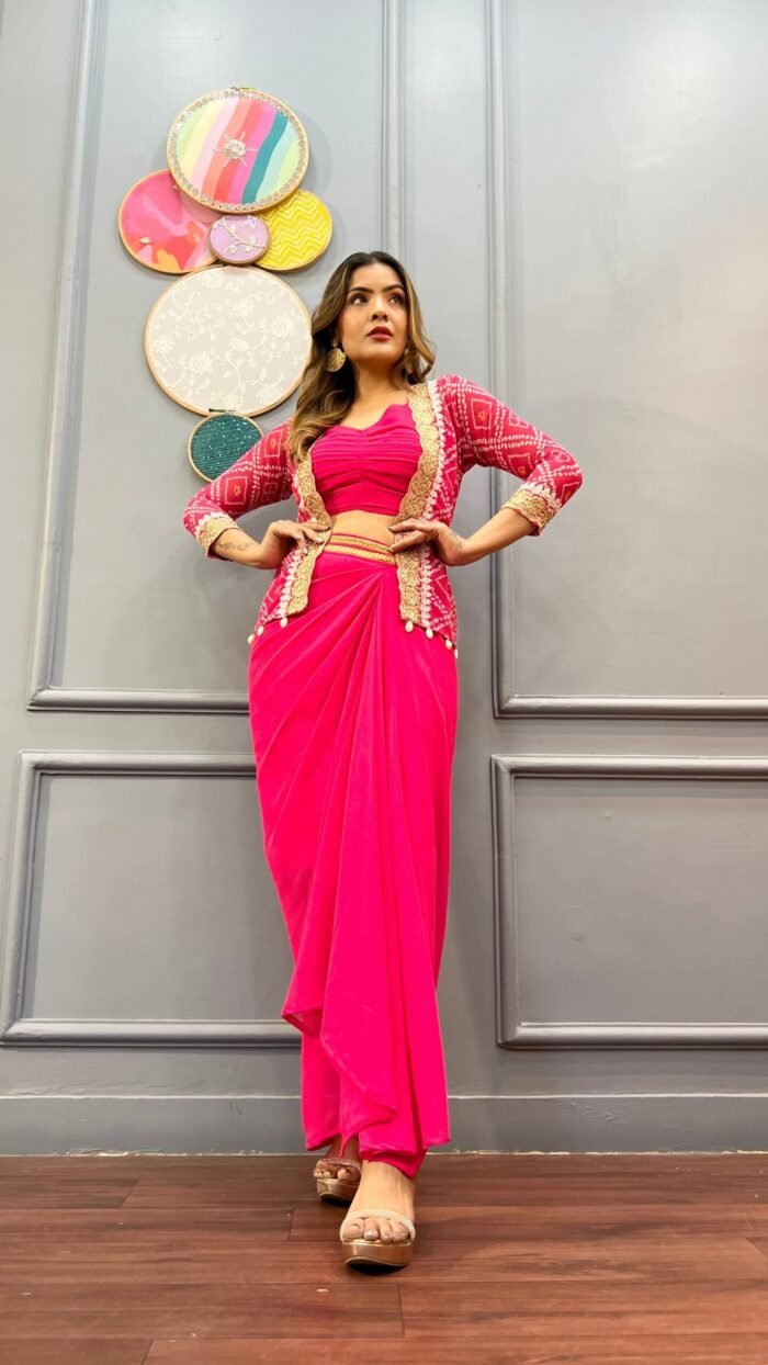 Sarong Style Designer Drape Skirt with Top & Jacket in Hot Pink - Image 1