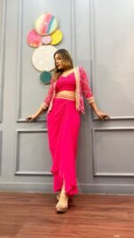 Sarong Style Designer Drape Skirt with Top & Jacket in Hot Pink - Image 2