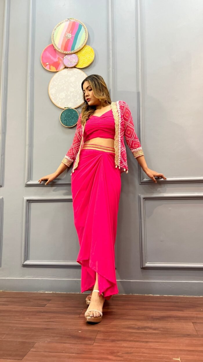 Sarong Style Designer Drape Skirt with Top & Jacket in Hot Pink - Image 2