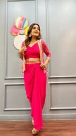 Sarong Style Designer Drape Skirt with Top & Jacket in Hot Pink - Image 4