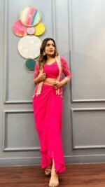 Sarong Style Designer Drape Skirt with Top & Jacket in Hot Pink - Image 3