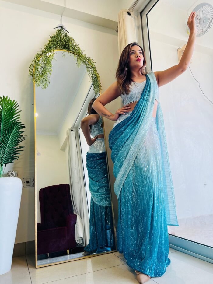 Mesmerising designer  Ombre sequence ready to wear saree in aqua blue colour perfect for farewell & parties - Image 2
