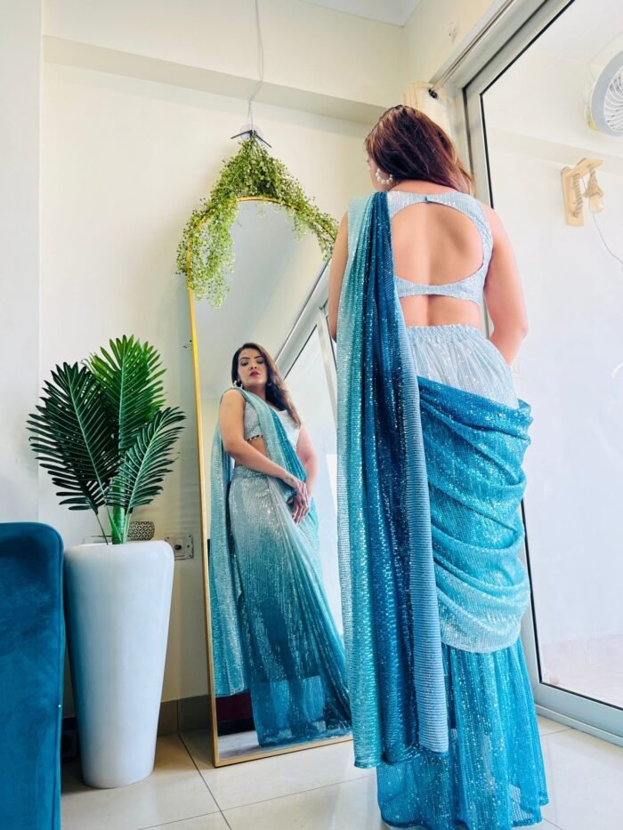 Mesmerising designer  Ombre sequence ready to wear saree in aqua blue colour perfect for farewell & parties - Image 5