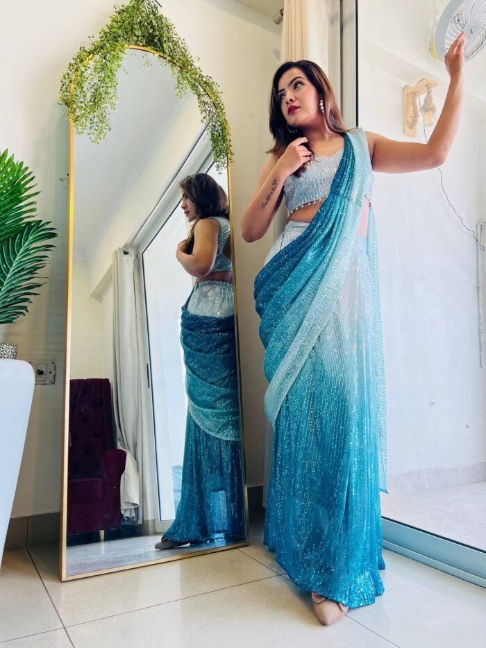 Mesmerising designer  Ombre sequence ready to wear saree in aqua blue colour perfect for farewell & parties - Image 1