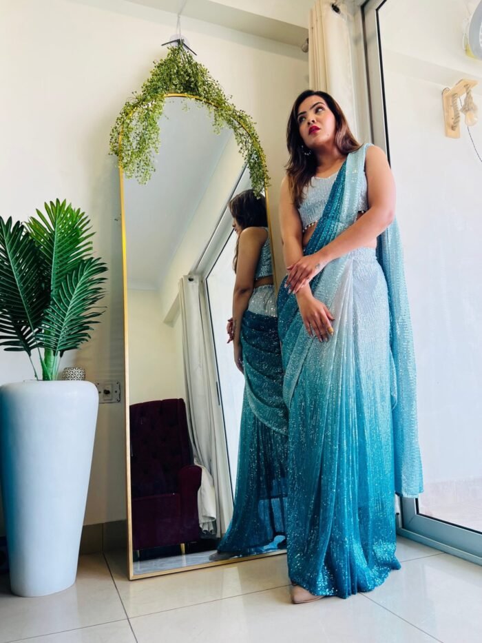 Mesmerising designer  Ombre sequence ready to wear saree in aqua blue colour perfect for farewell & parties - Image 4