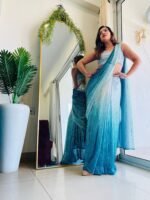 Mesmerising designer  Ombre sequence ready to wear saree in aqua blue colour perfect for farewell & parties - Image 3