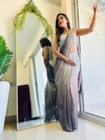 Mesmerising designer  Ombre sequence ready to wear saree in aqua blue colour perfect for farewell & parties - Image 6