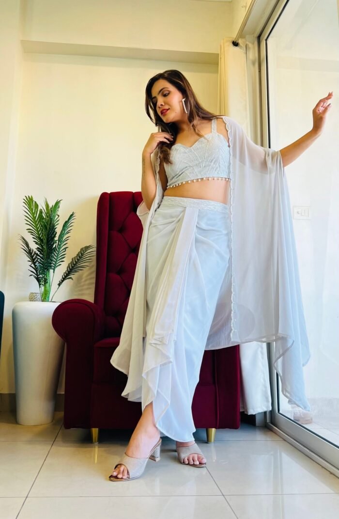 Designer Grey 3pc Dhoti Dress with crop top ,skirt & jacket - Image 3